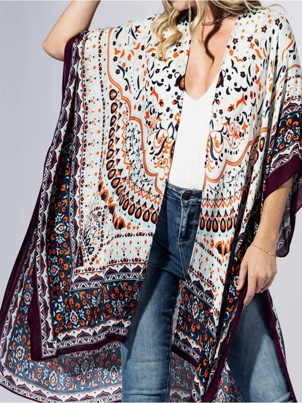 Boho Kimono Cardigan in White, Orange & Navy